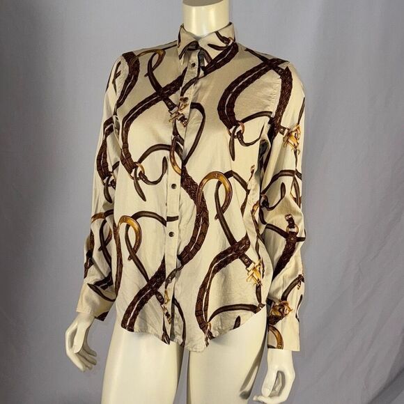 Lauren Ralph Lauren Belting Print Point Collar Long Sleeve Button Down Shirt Siz - Picture 1 of 16
